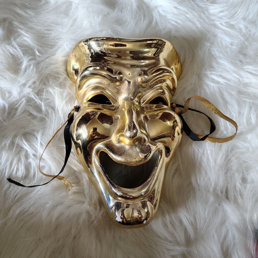 Vtg Metal Comedy Theater Mask Gold Ceramic Decor